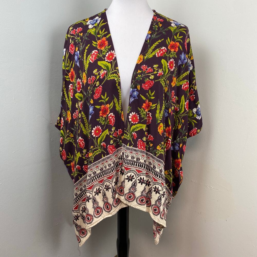 Angie Eggplant Floral Open Front Kimono Coverup Cardigan Bolero Small Boho